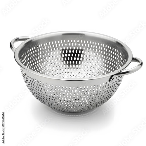 A stainless steel colander with handles is centered against a white background viewed from a slightly elevated angle