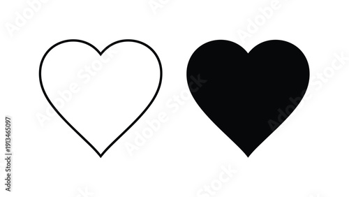 A simple black and white illustration depicts two hearts one outlined and one solid