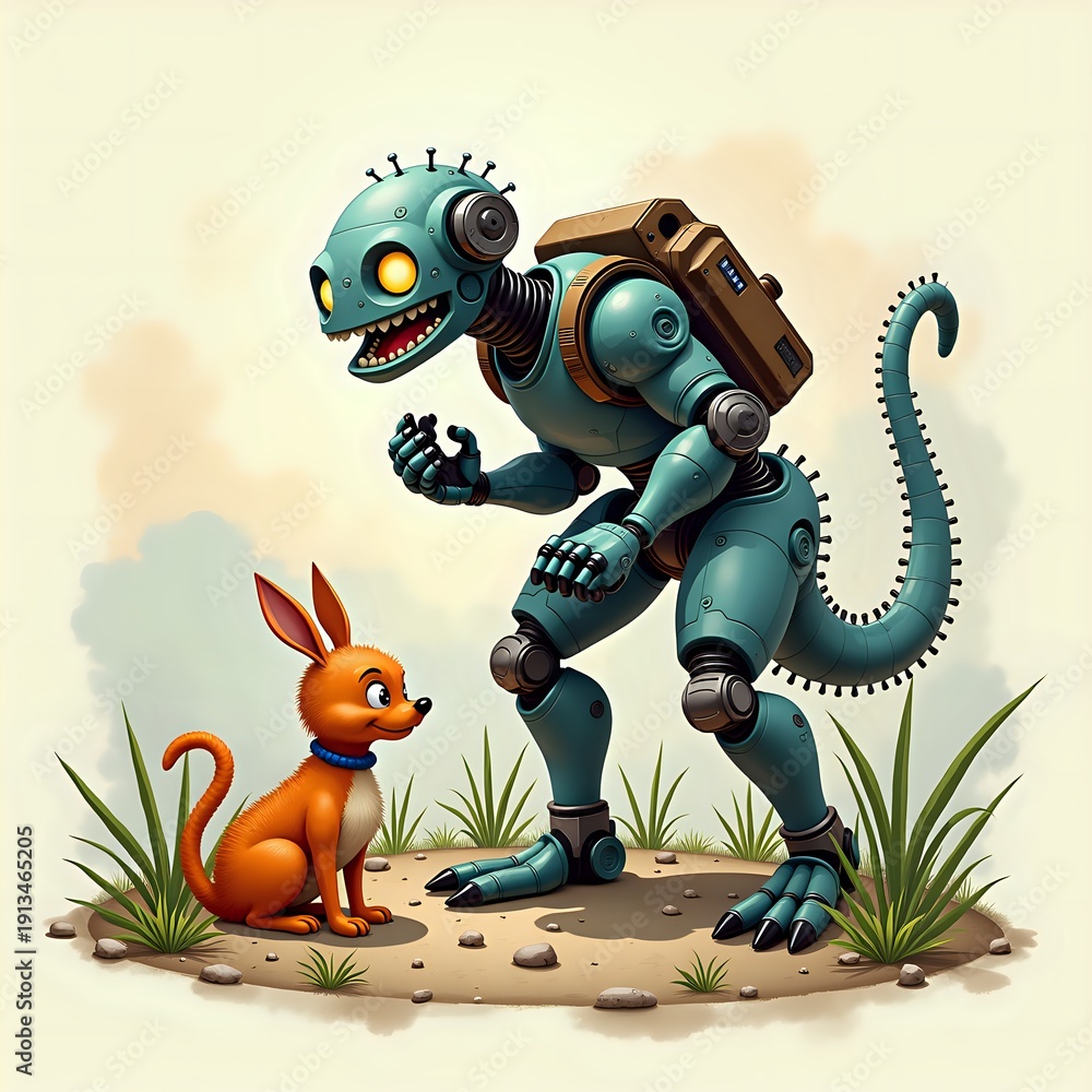Naklejka premium Robot Dinosaur Meets Curious Canine Friend