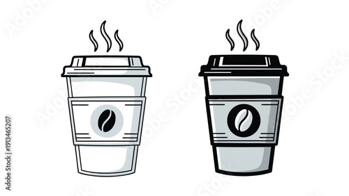 Two stylized coffee cups are depicted one white and one black with rising steam