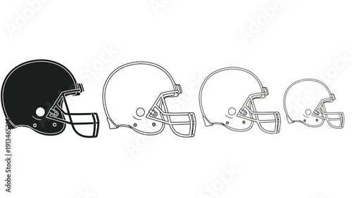 A series of black and white illustrations depicting an american football helmet in various views