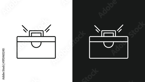 A minimalistic depiction of an open briefcase shown in both white and black color schemes