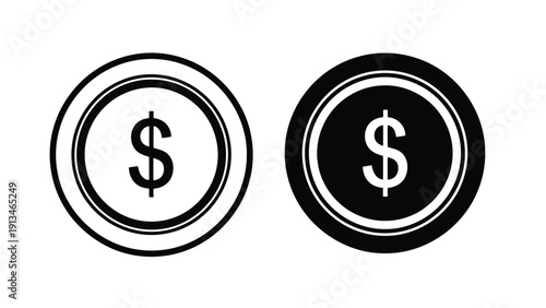 Two black and white circular icons depict US dollar signs within framed coin like designs