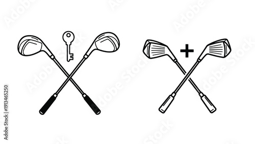 A minimalist black and white illustration depicts crossed golf clubs and a key alongside another set of clubs