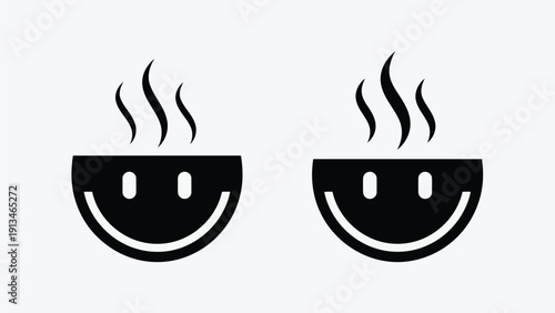 Two black smiling face icons with rising steam representing warmth and positive emotions