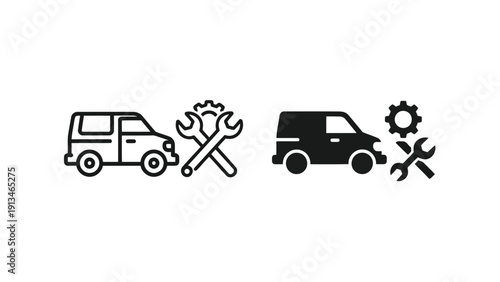 Black and white icons depicting vans wrenches and gears representing automotive repair services