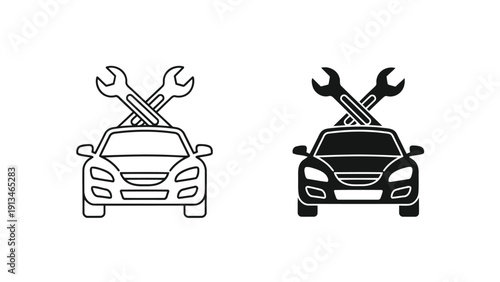 Two black and white depictions of a car with crossed wrenches above showing outline and solid styles