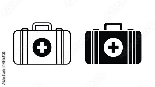 Two black and white line art illustrations depict vintage medical cases with prominent plus symbols