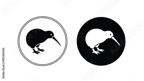 Two stylized kiwi bird illustrations are presented within circular frames showcasing different color schemes