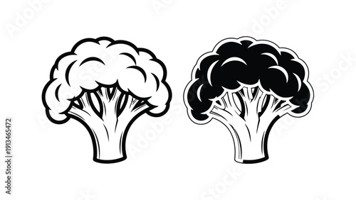 A striking black and white illustration depicts two heads of broccoli in contrasting tones