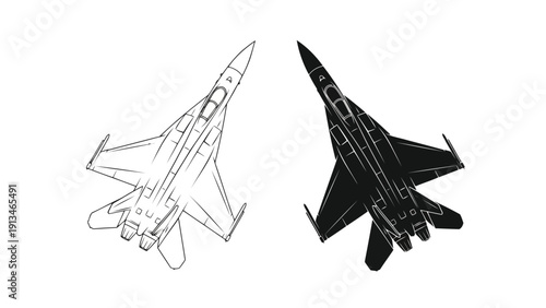 A conceptual black and white illustration showcases two angled views of a modern fighter jet