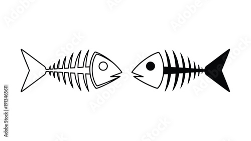 Two black and white fish skeletons face each other forming a symmetrical minimalist graphic