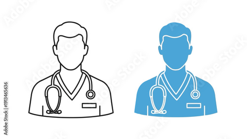 Line art and solid blue depictions of a male doctor wearing a stethoscope facing forward