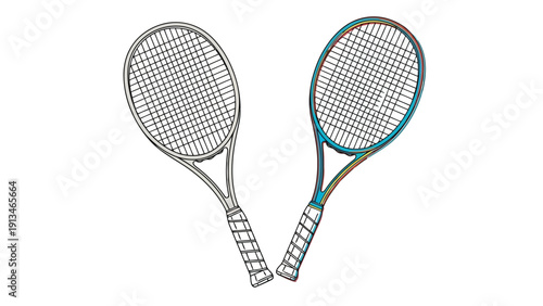 Two tennis rackets are displayed on a white background showcasing different designs and string patterns