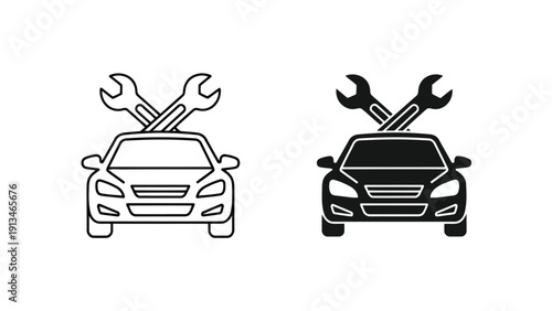 A black and white illustration depicts a car with crossed wrenches above it shown in two variations