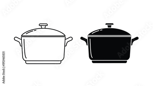 Black and white outline depictions of two similar cooking pots with handles and lids