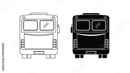 A black and white illustration depicts the rear view of two identical city buses side by side