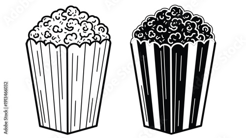 Two containers of popcorn are illustrated in a black and white striped vintage style
