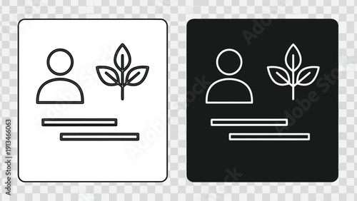 A black and white depiction of an identification card icon with a plant and person