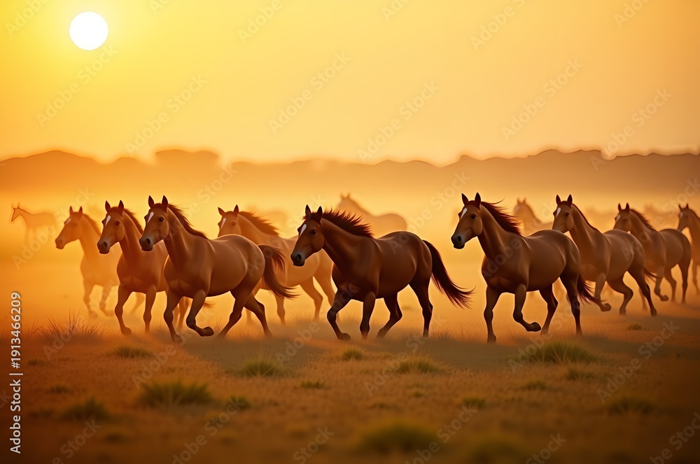 Fototapeta premium Wild Horses Running at Golden Sunset