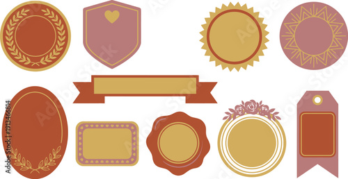 Modern award style seals and badges with 10 warm terracotta dusty rose gold circular medallion laurel wreath shield heart banner starburst geometric oval frame wax seal floral crown tag