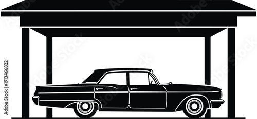 Classic vintage car parked under garage silhouette vector illustration, retro automobile storage concept, black and white design for transportation, heritage, and automotive themes