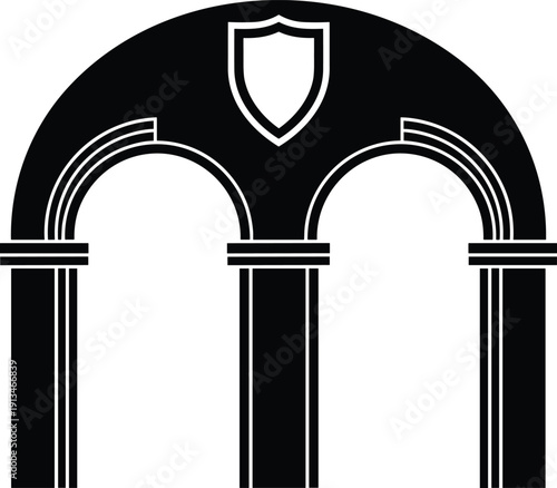 Classical architectural arch silhouette with shield emblem, historic gateway design, heritage monument, traditional stone arches, medieval symbol, cultural architecture vector illustration