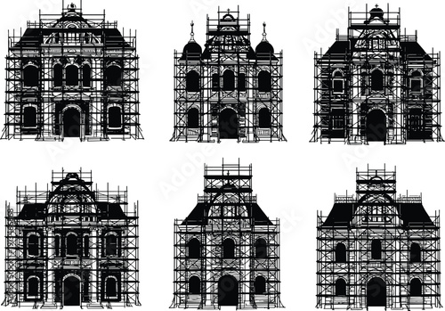 Classical architecture renovation, building scaffolding illustration, historical restoration vector, ornate facade construction, symmetrical structure design for heritage preservation 
