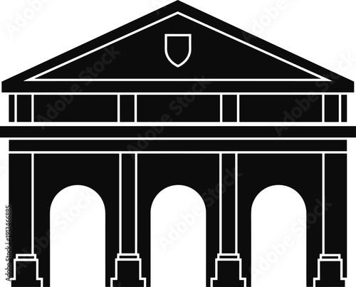 Classical courthouse building silhouette illustration, government architecture icon with columns and arches, legal institution symbol, minimalist black and white vector design