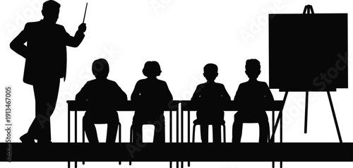 Classroom silhouette illustration, teacher and students vector, educational presentation scene, black design, learning environment, academic concept, school teaching moment