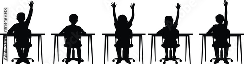 Classroom student silhouette, black vector illustration, children at desks, educational participation concept, learning environment design, school activity moment, academic engagement scene