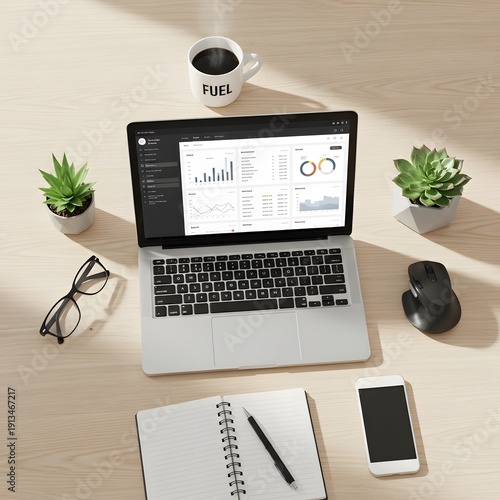 Top view of a laptop displaying financial graphs on a light wooden desk surrounded by office supplies and plants