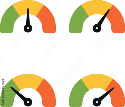 Set of Four Speedometer Gauge Icons with Green Yellow and Orange Indicators in Vector