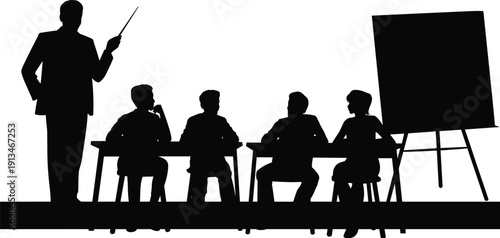 Classroom training silhouette, black vector illustration, teacher and students scene, educational presentation setup, learning environment, academic concept, instructional design, seminar moment