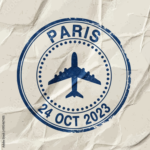 Paris travel stamp with airplane and date