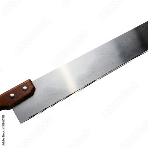 A close-up of a handsaw with a wooden handle, viewed from the side against a plain background