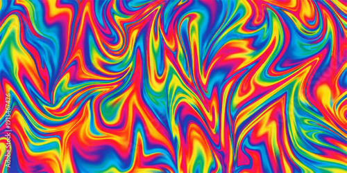 Seamless psychedelic vector illustration featuring a bright rainbow of colorful abstract lines and floral shapes in a retro orange and yellow wave pattern for a decorative wallpaper backdrop