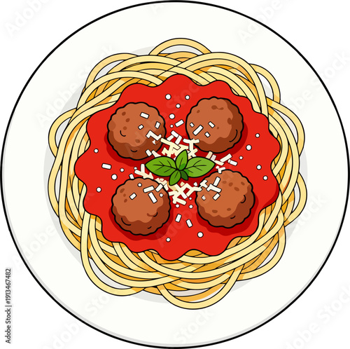 Spaghetti and Meatballs with Tomato Sauce, Parmesan Cheese and Basil - Flat Design Italian Food Vector Illustration