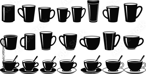 Coffee cup silhouettes collection, mugs glasses and teacups set, hot beverage drinkware vector illustration, cafe kitchen icons isolated on white background