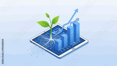 3D Smartphone Displaying Rising Blue Bar Graph with Green Plant Sprouting, Ideal Logo Icon for Business Growth