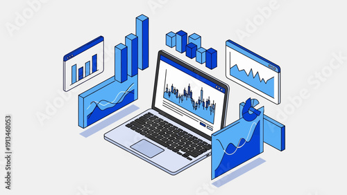 Dynamic laptop-centered data visualization with multiple blue graphs and charts in a clean white setting