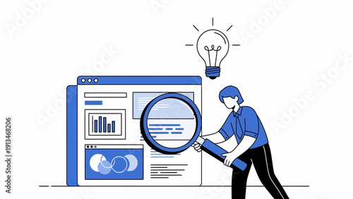 Man Examines Computer Screen with Magnifying Glass, Lightbulb Above, Illustrating Data Analysis in a Minimalist Cartoon Setting Innovation