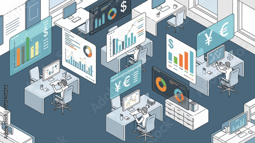 Dynamic Financial Data Analysis in an Isometric Office with Desks and Visualization Screens from Above