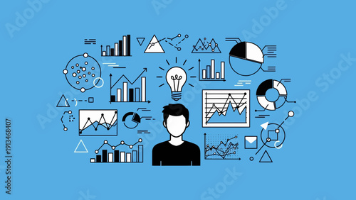 A Central Person Surrounded by Dynamic Charts and Graphs Amid a Vibrant Blue Background