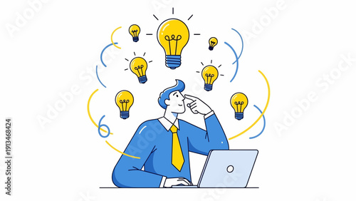 Cartoon man brainstorming at desk surrounded by glowing lightbulbs, swirling lines, inspiring creative thought in bright office setting