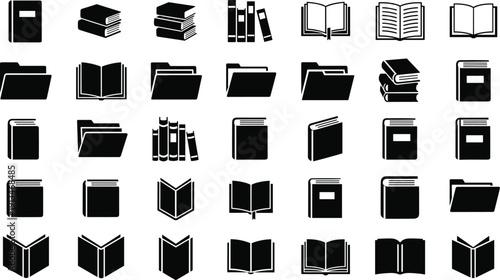 Collection of book and folder icons in various styles, minimalist vector illustration set for library, education, document storage, reading, and organizational design purposes