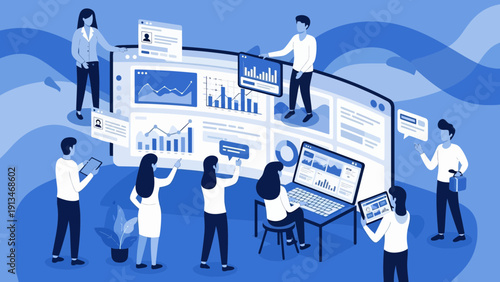 Team of People Analyzing Data on a Screen with Charts in a Collaboration Business Environment in a Blue‑toned Office Technology Illustration