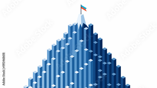 Triangular 3D Bar Graph Peaks with Blue and White Bars, Flag at Top, White Background, Data Visualization