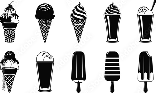 Collection of detailed black and white ice cream, milkshake, and popsicle vector illustrations, perfect for dessert icons, food graphics, summer designs, menus, and culinary branding, silhouette style