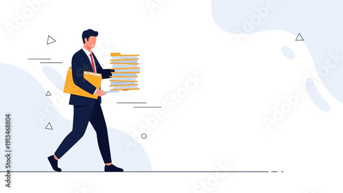 Businessman carrying stack of documents, workload, office work, illustration